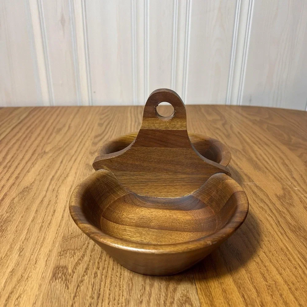 Vintage Black Walnut Handled Double Bowl Walnutware Ozark Native Wood Product